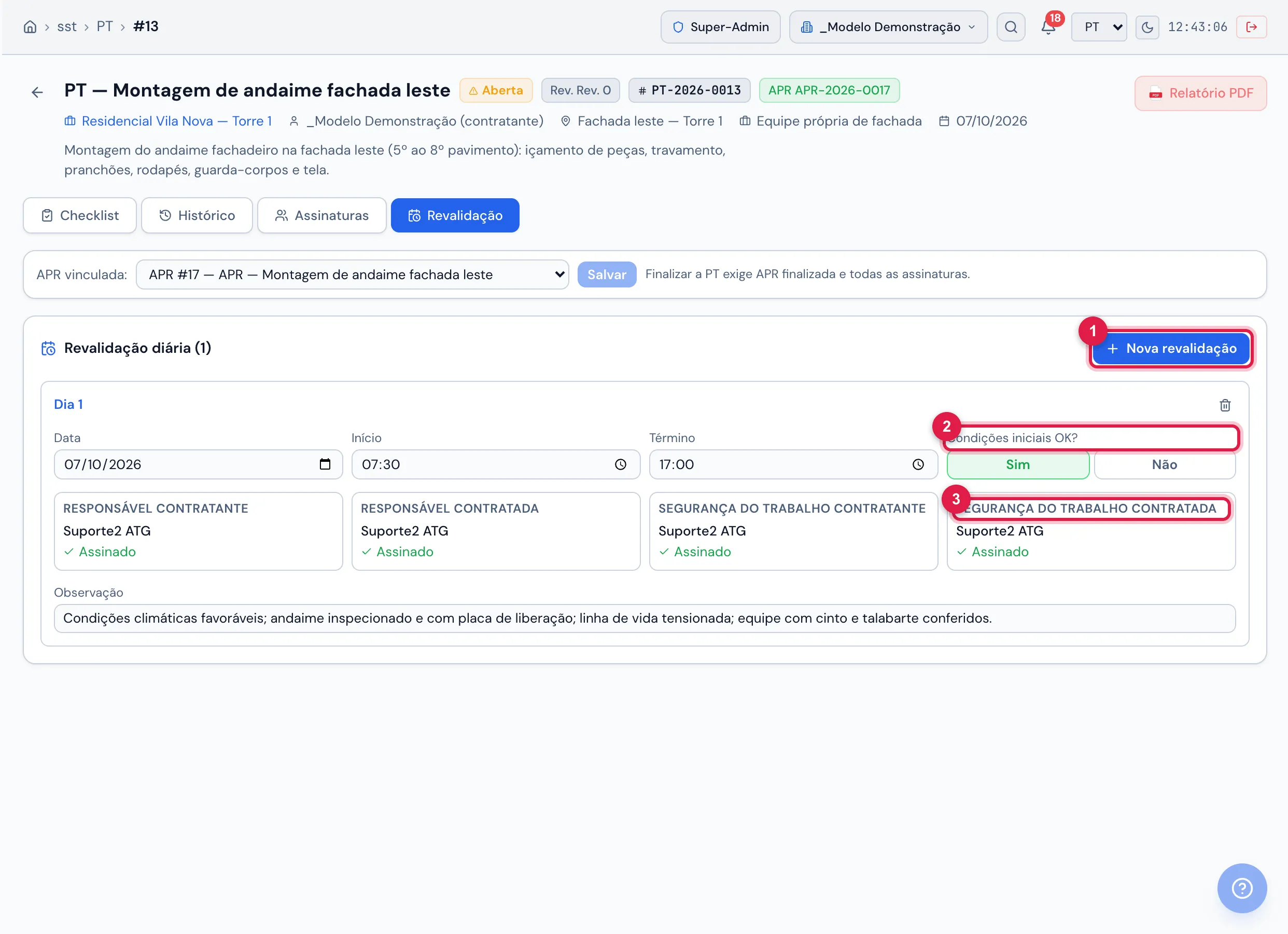 Aba Revalidação — "Revalidação diária (1)": Nova revalidação; por dia (Dia 1): data, início, término, "Condições iniciais OK?", as 4 assinaturas fixas — Responsável Contratante, Responsável Contratada, Segurança do Trabalho Contratante, Segurança do Trabalho Contratada — e a observação.
