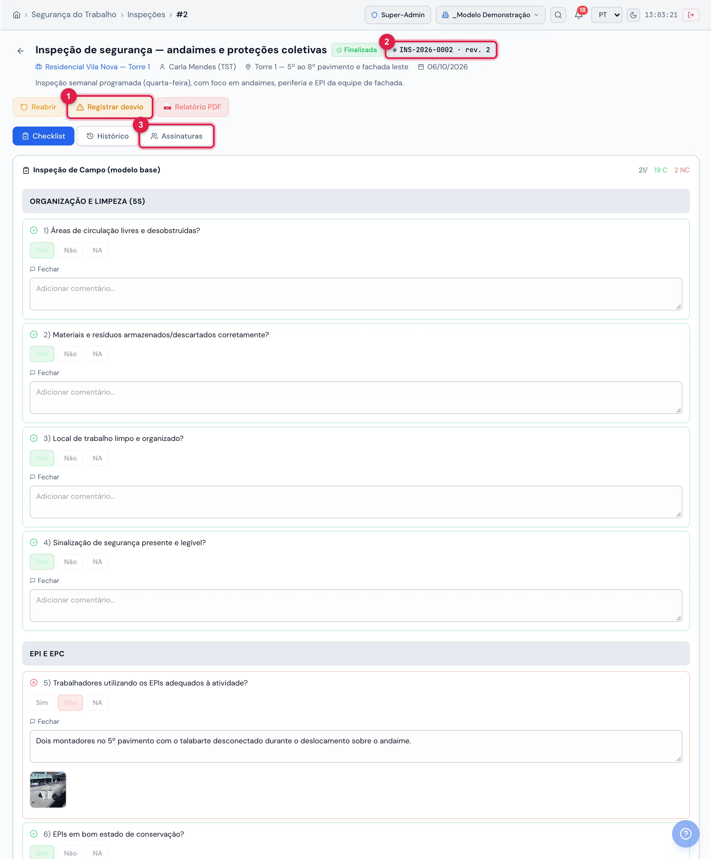 Inspeção finalizada com os botões Reabrir, Registrar desvio e Relatório PDF