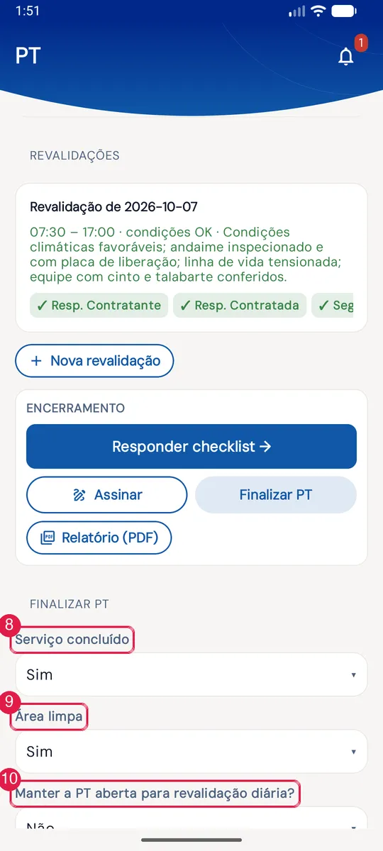 Finalizar PT: serviço concluído, área limpa e manter aberta