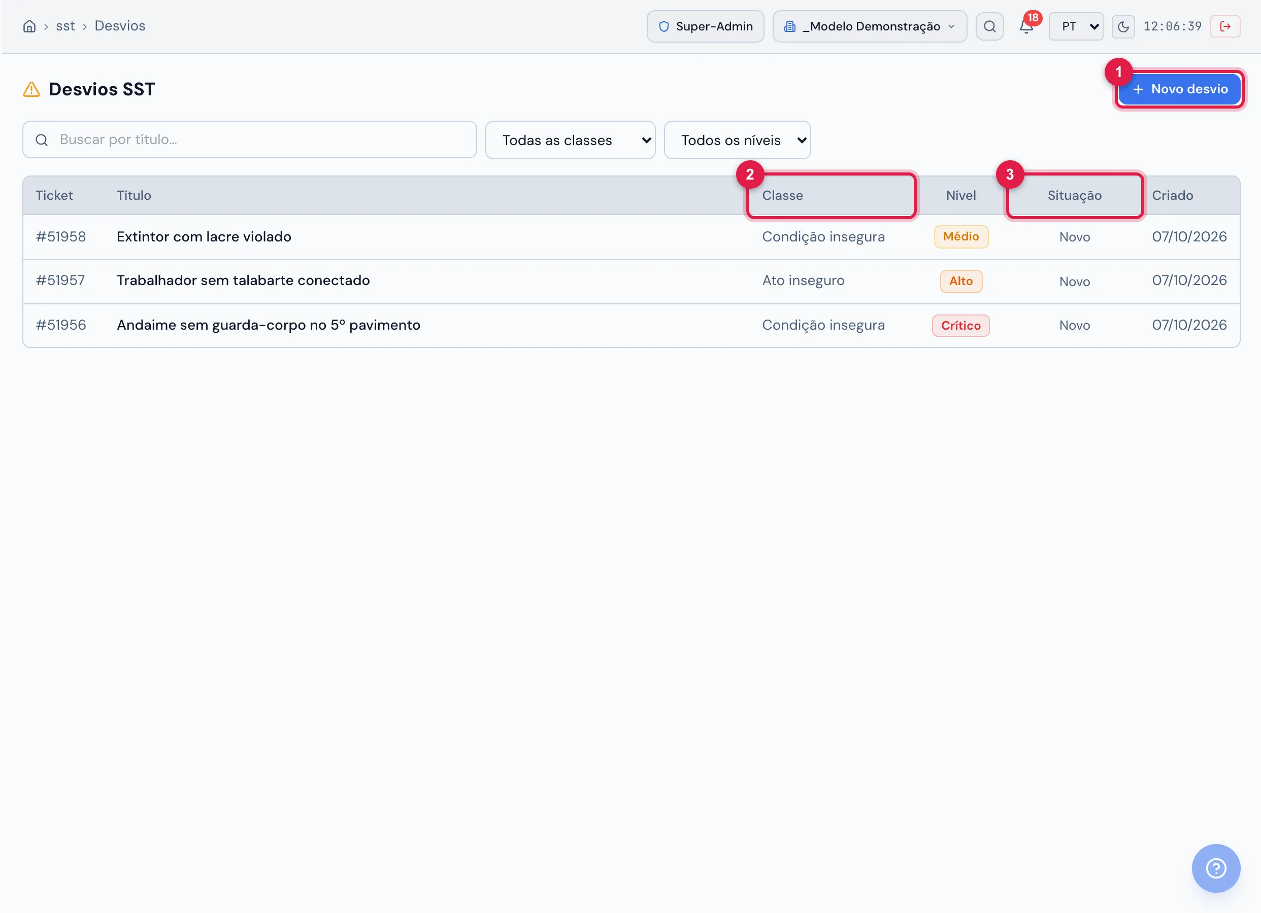 Desvios SST: filtros por classe e nível; colunas Ticket, Título, Classe, Nível, Situação (do chamado) e Criado. Novo desvio abre o modal (título, descrição, classe, nível, obra, prioridade) e, ao salvar, oferece Abrir ticket completo.