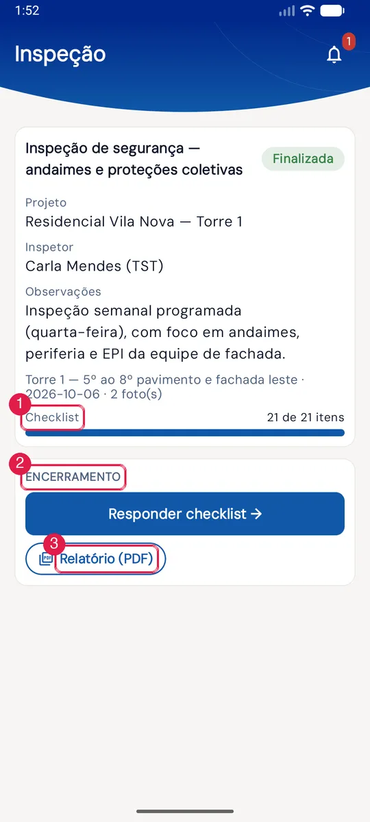 Detalhe da inspeção (Finalizada): cartão, barra Checklist e Encerramento com Relatório (PDF).