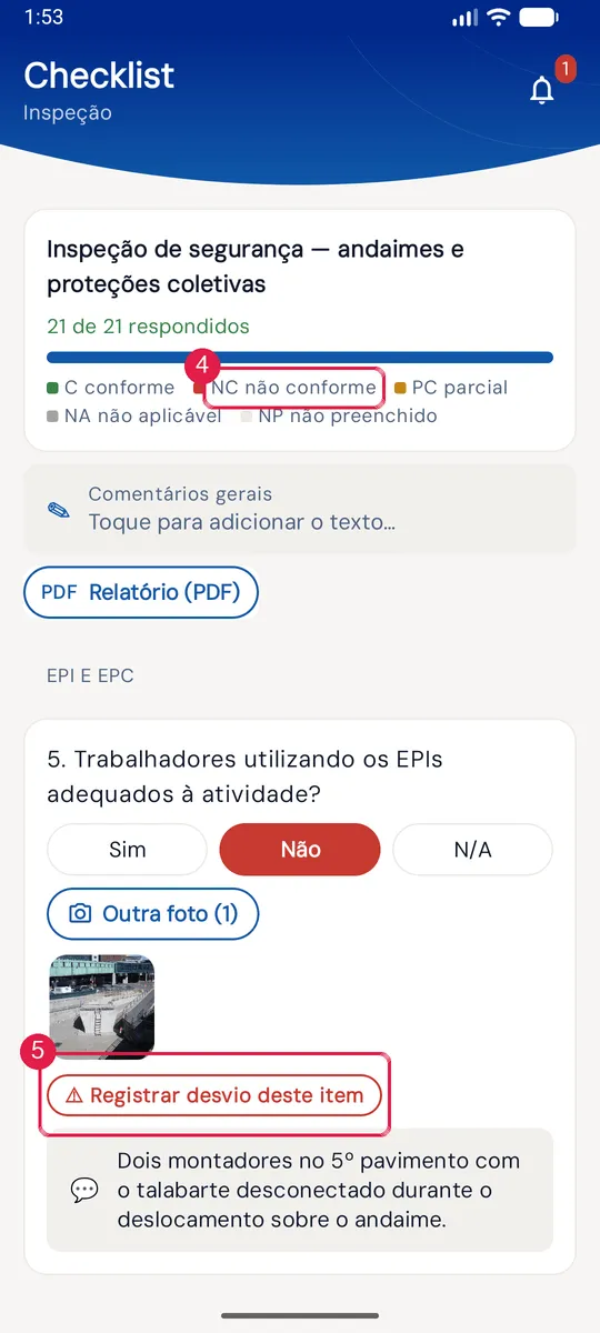 Item NC do checklist com o botão Registrar desvio deste item