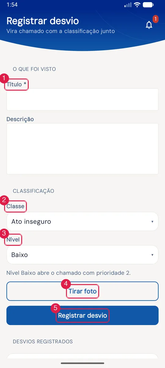 Tela Registrar desvio com título, descrição, classe, nível e foto