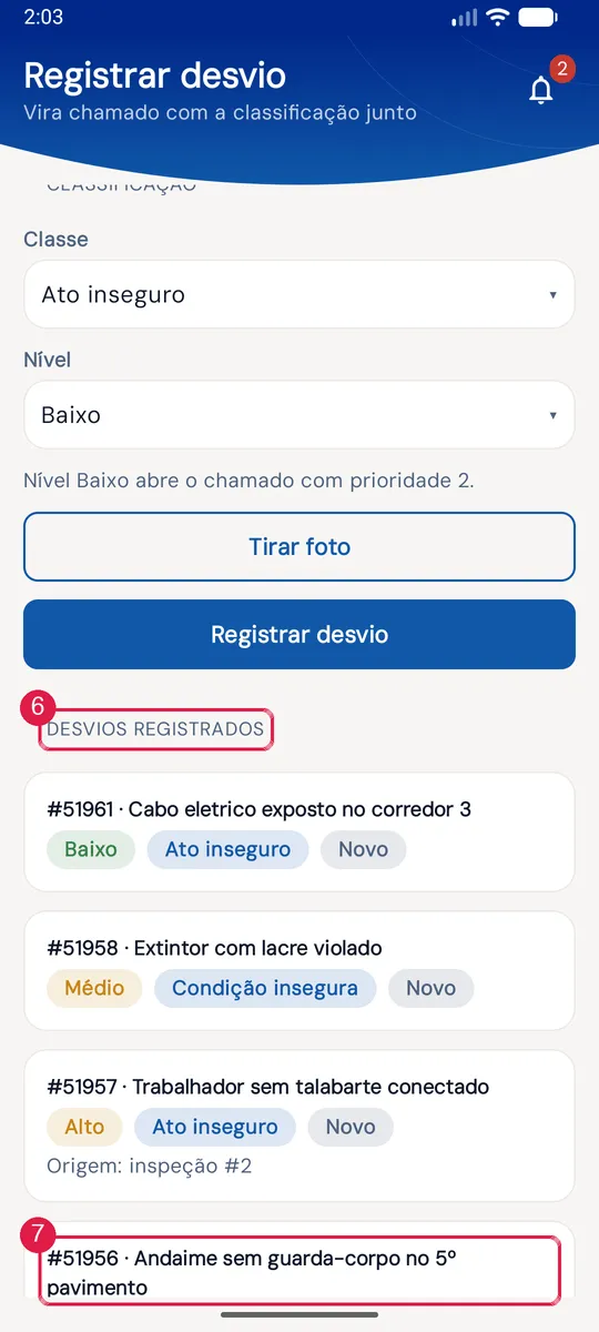 Mesma tela rolada: seção Desvios registrados, com número, pílulas de nível/classe/status e origem.