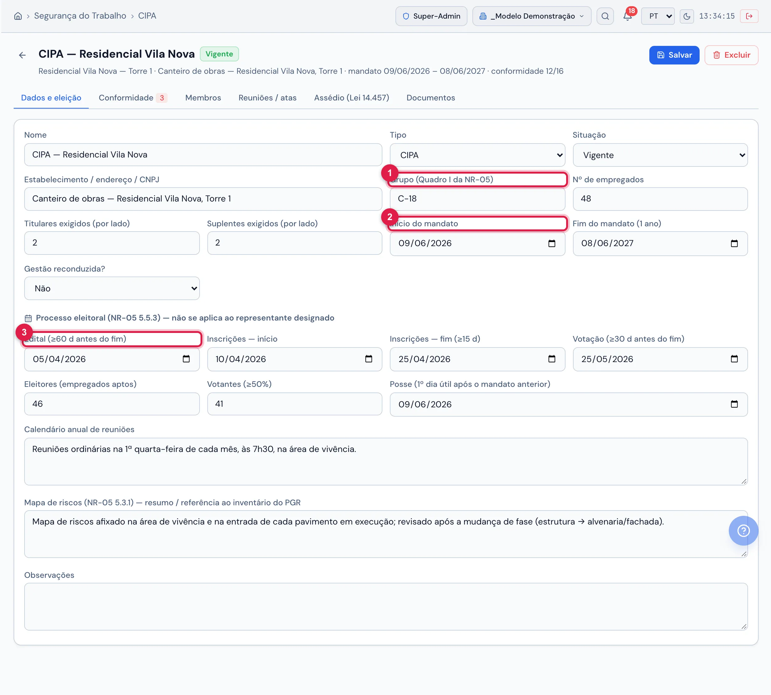 Aba Dados e eleição: Nome, Tipo (CIPA), Situação, Estabelecimento / endereço / CNPJ, Grupo (Quadro I da NR-05), Nº de empregados, Titulares e Suplentes exigidos por lado, Início e Fim do mandato, "Gestão reconduzida?"; abaixo, o Processo eleitoral (NR-05 5.5.3), o Calendário anual de reuniões, o Mapa de riscos e Observações. O cabeçalho mostra "conformidade 12/16".