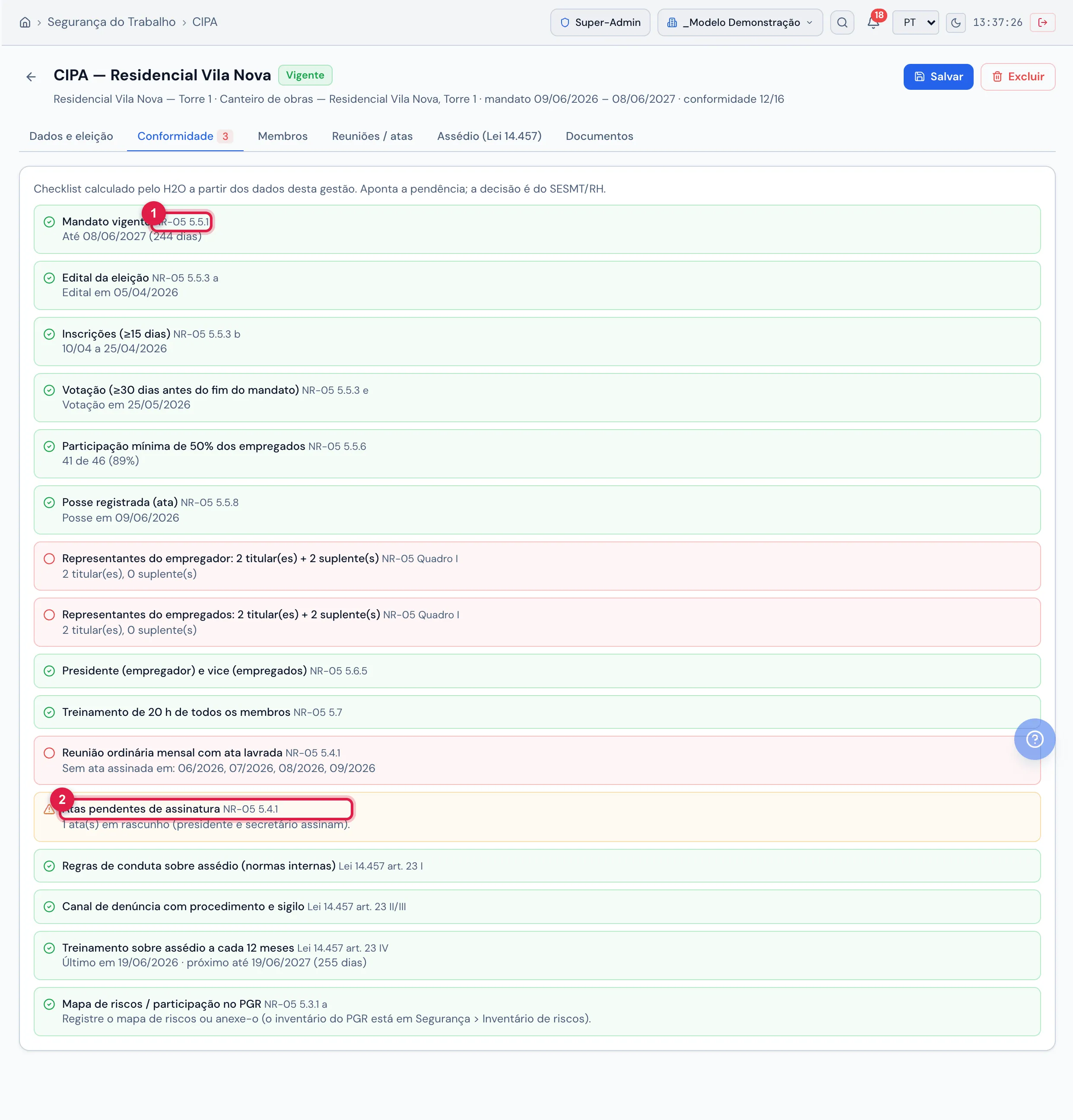 Aba Conformidade (3): checklist calculado pelo H2O a partir dos dados da gestão — cada item com a base legal (NR-05 / Lei 14.457) e a situação: verde ok, vermelho pendente (quadro sem suplentes, meses sem ata assinada), âmbar atenção (ata em rascunho).