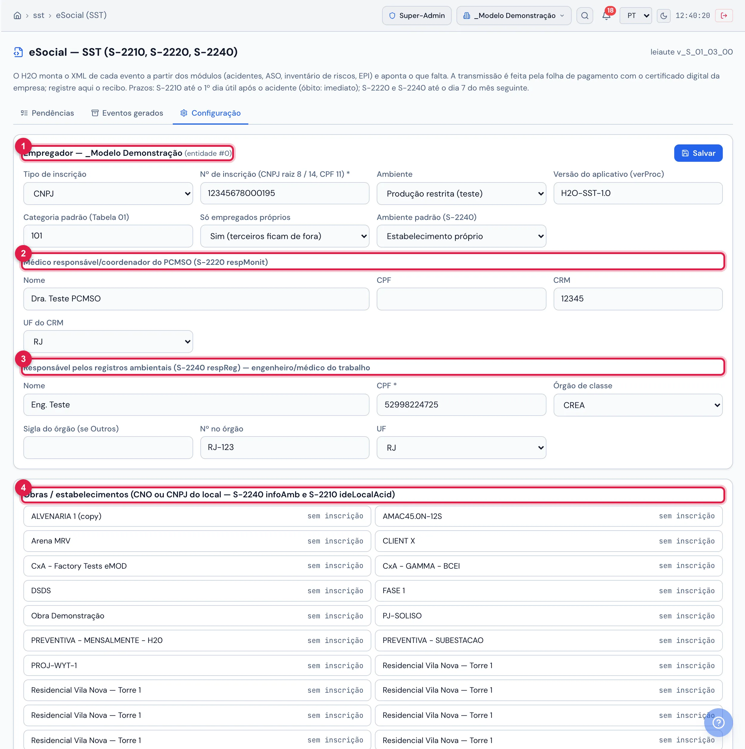 Aba Configuração (leiaute v_S_01_03_00): bloco do Empregador (Tipo e Nº de inscrição, Ambiente — Produção restrita/Produção —, verProc, Categoria padrão, Só empregados próprios, Ambiente padrão do S-2240), Médico responsável/coordenador do PCMSO (nome, CPF, CRM, UF), Responsável pelos registros ambientais (nome, CPF, órgão de classe, nº, UF), botão Salvar e, abaixo, a lista de Obras / estabelecimentos para informar o CNO ou CNPJ do local (todas ainda "sem inscrição").