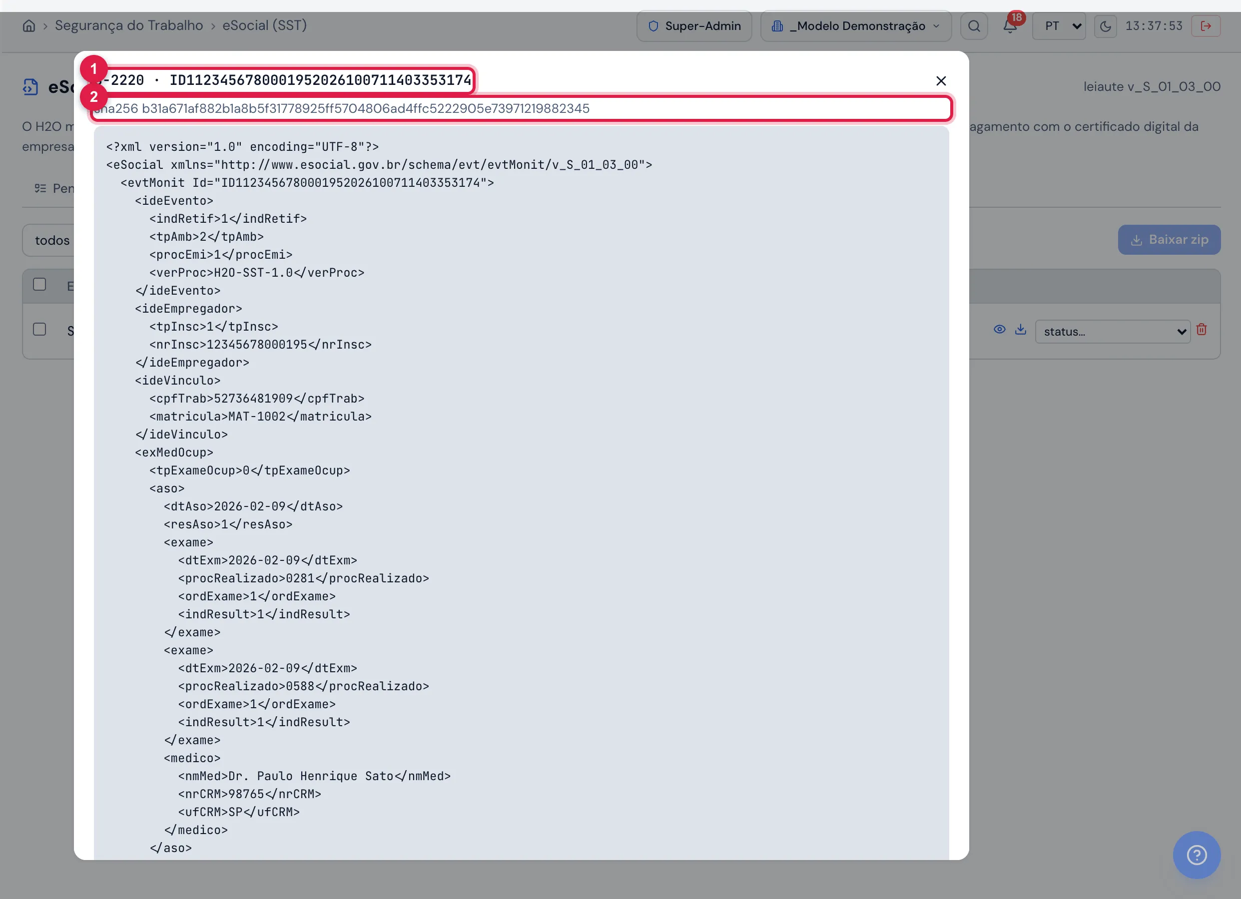 Ver XML de um S-2220 gerado a partir de um ASO: o identificador do evento no título, o SHA-256 do arquivo e o XML no namespace do leiaute v_S_01_03_00 (evtMonit, com ideEvento, ideEmpregador, ideVinculo e exMedOcup/aso).