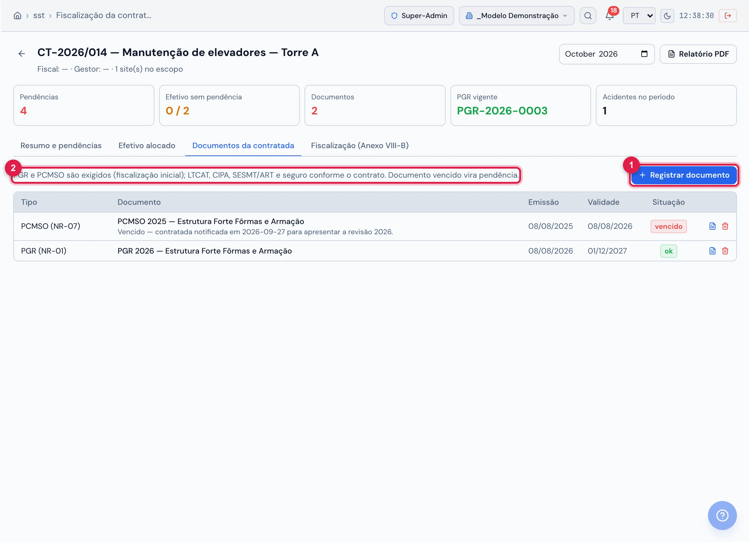 Aba Documentos da contratada: colunas Tipo, Documento, Emissão, Validade e Situação, com ícones de ver e excluir. No exemplo, o PCMSO (NR-07) está vencido (08/08/2026, em vermelho) e o PGR (NR-01) está ok até 01/12/2027.