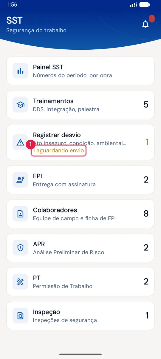 Hub SST logo depois de registrar um desvio com o aparelho sem rede: o cartão Registrar desvio mostra "1 aguardando envio" (e o contador 1 à direita). Dentro da tela, a seção "Aguardando envio" lista o desvio; ao voltar a rede ele sobe e vira chamado.