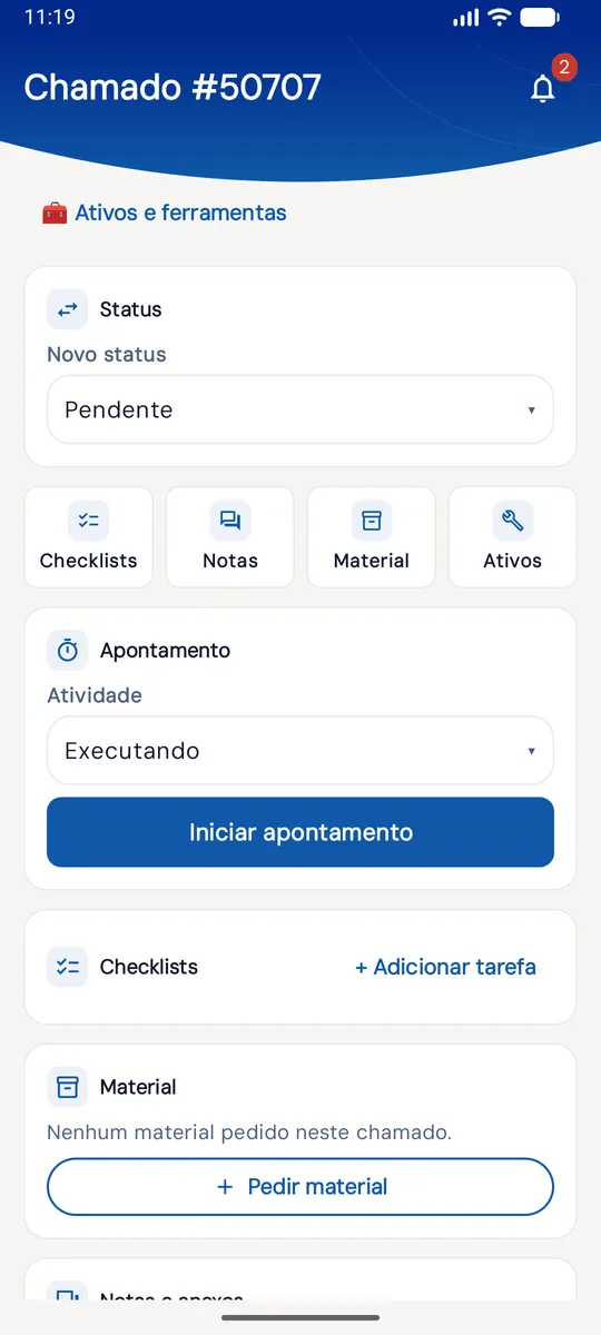 Card Apontamento no chamado