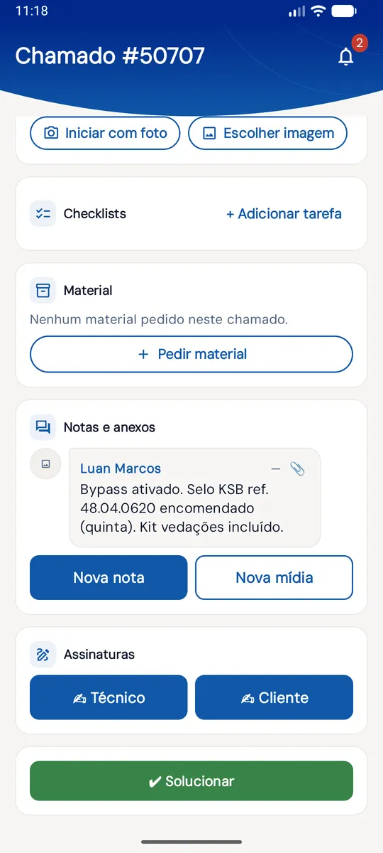 Chamado no app com notas, assinaturas e Solucionar
