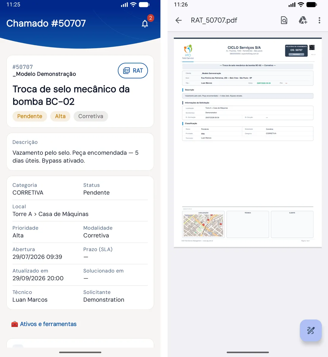Botão RAT no chamado e o PDF aberto no app