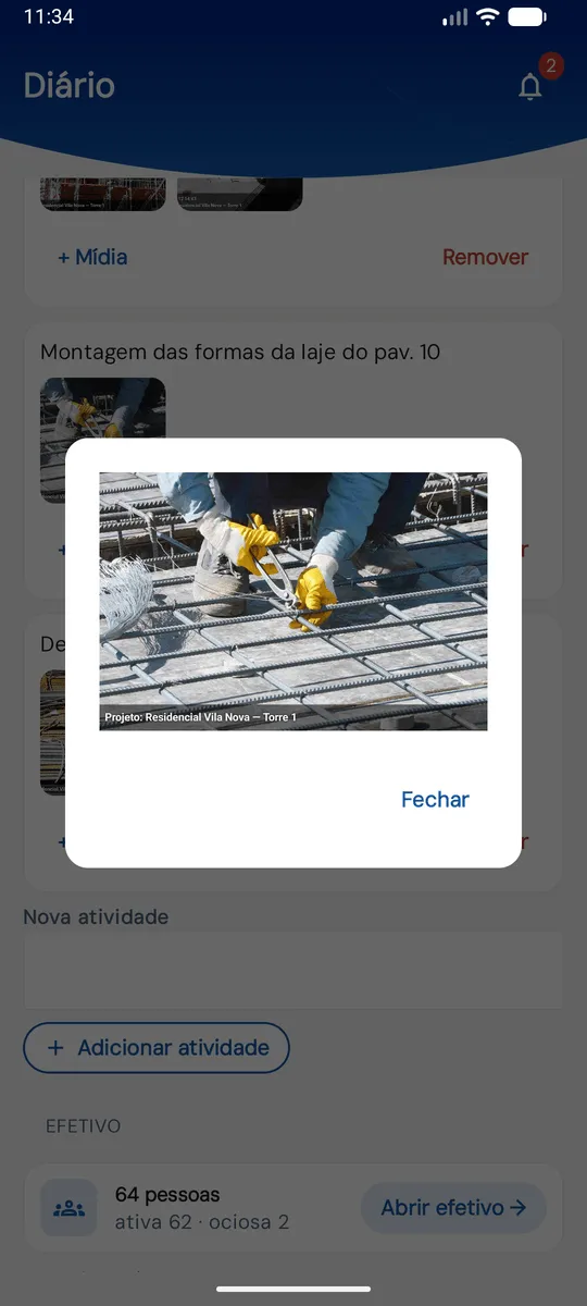 Foto do diário de obra com a faixa no rodapé