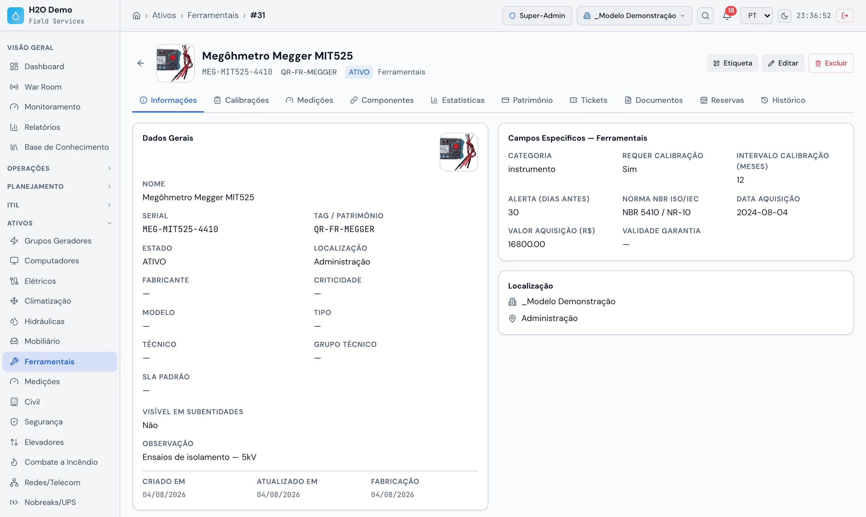 Ficha de ferramenta, aba Informações