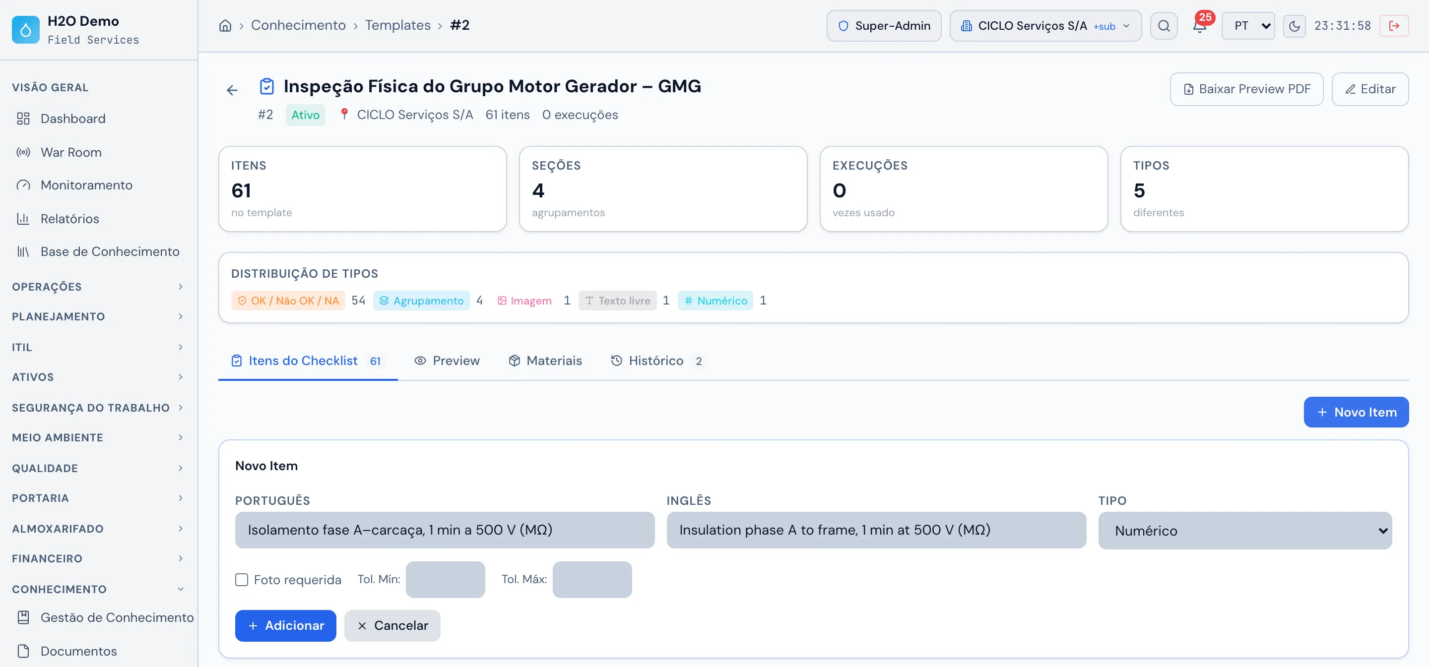 Item Numérico no modelo de checklist