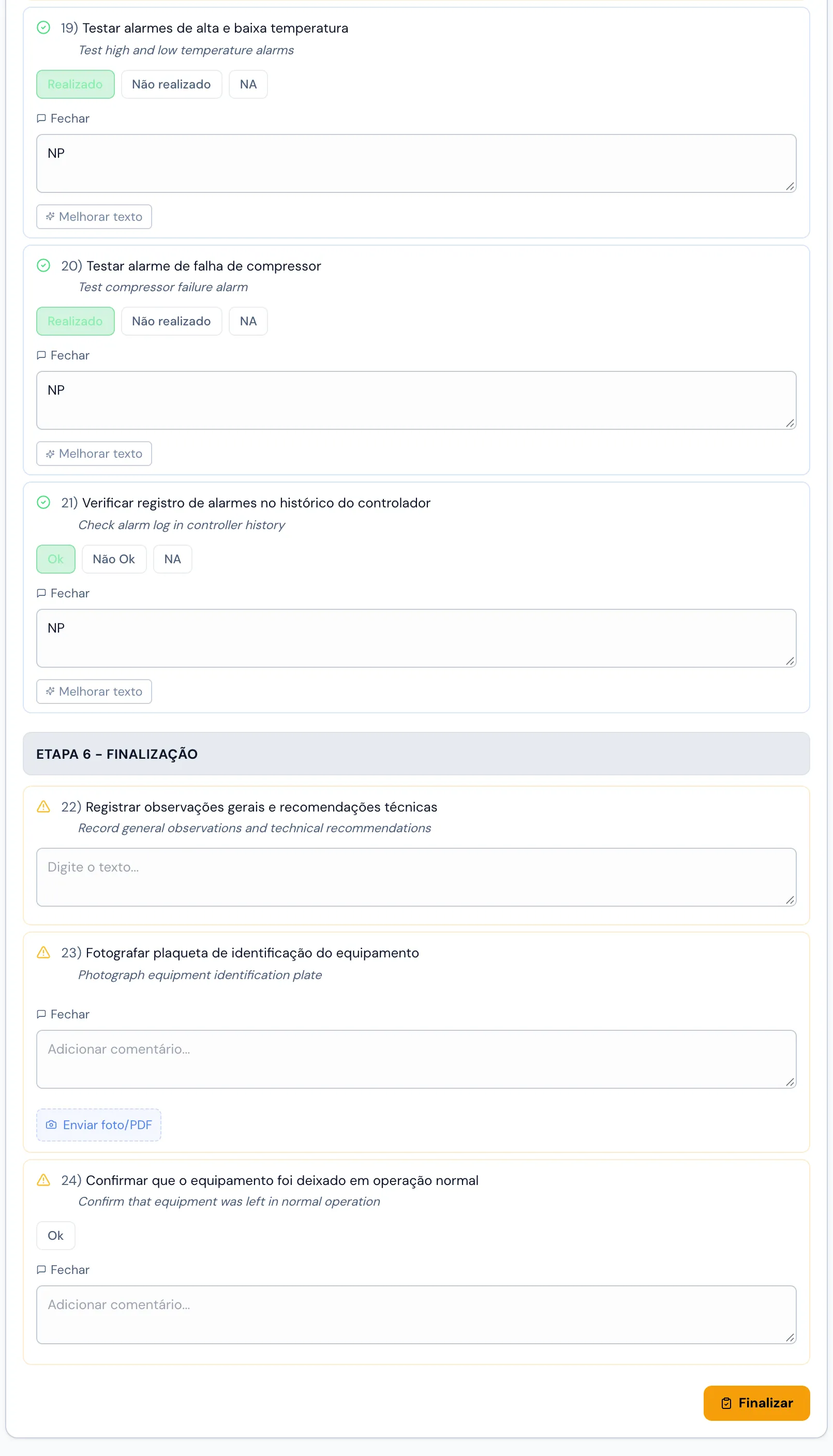 Checklist preenchido e botão Finalizar