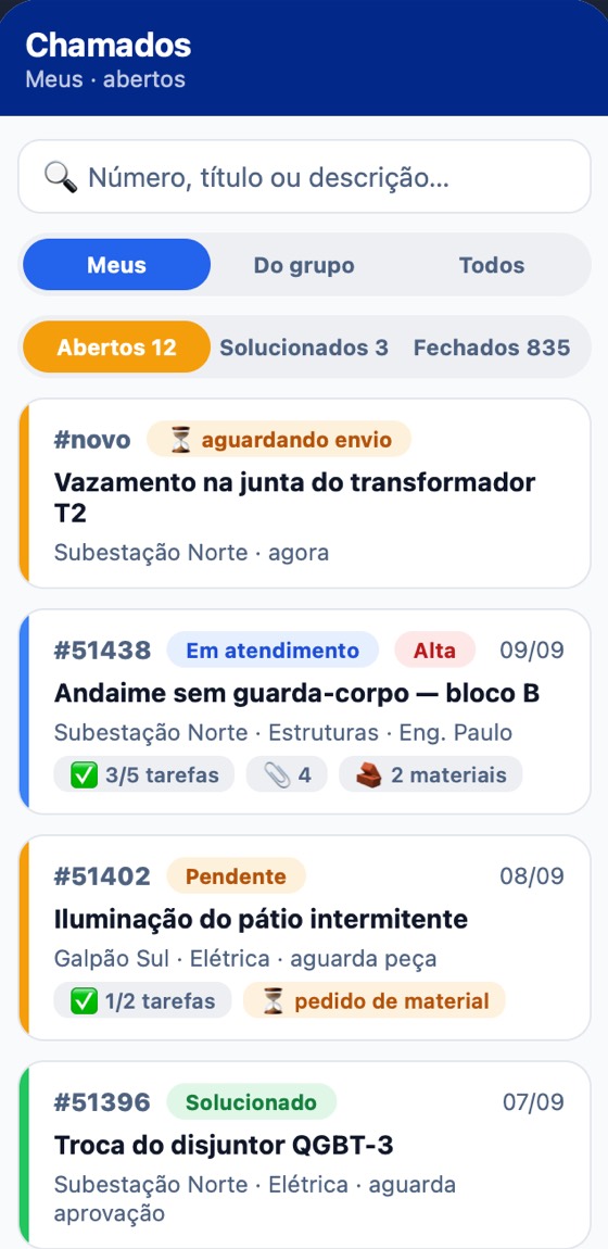 App H2O: os chamados do técnico com status, prioridade e tarefas, e o chamado parado aguardando peça.