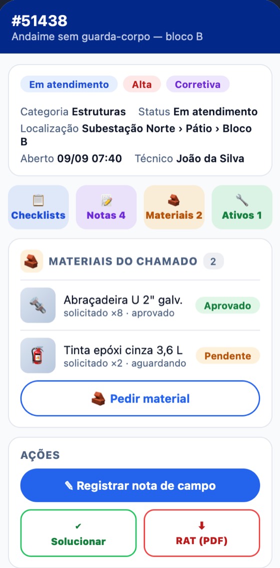 App H2O: o painel da OS com status, prioridade, modalidade, local, técnico, os materiais pedidos e o botão do RAT em PDF.