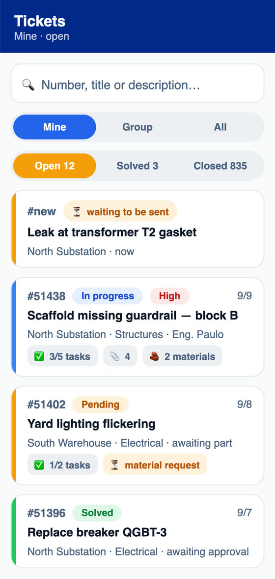 List of open tickets in the H2O app, with the status, priority, tasks and material requests of each one