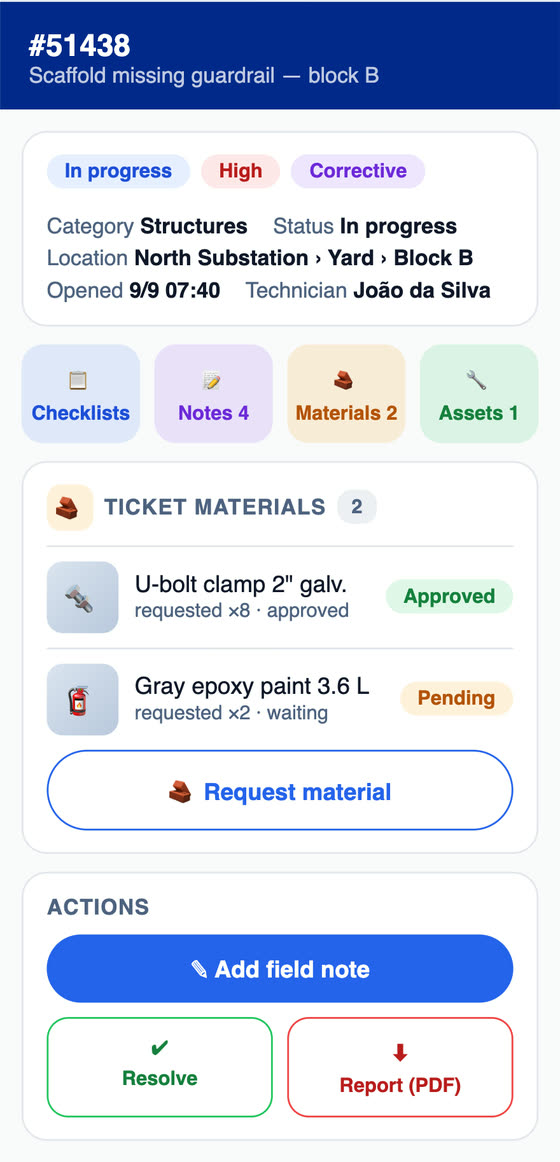 H2O app: the work order panel with status, priority, modality, location, technician, requested materials and the RAT PDF button.
