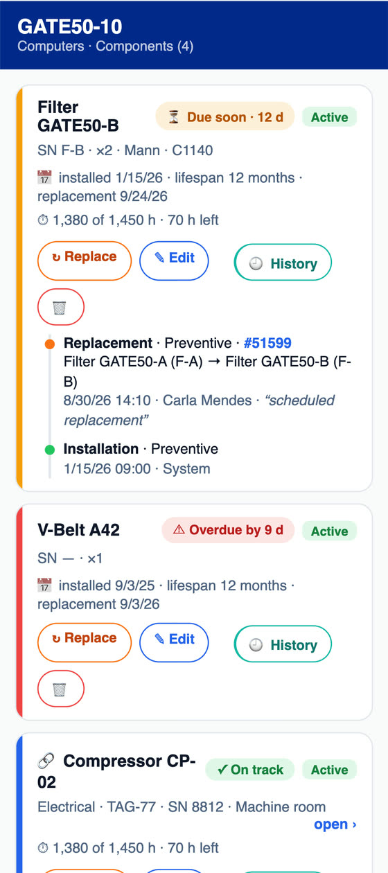 H2O app: the asset's components with service life, hours of use, next replacement date, the status of each one and the replacement history.