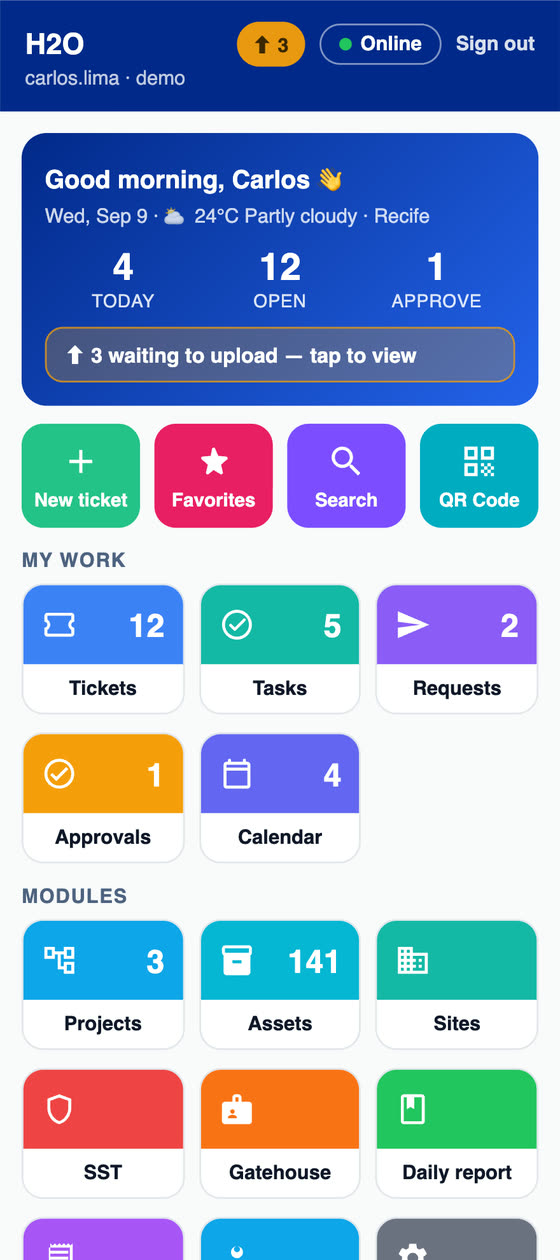 H2O app: the technician's day with today's tasks, open tickets, pending approvals and items waiting to upload when there is no network.
