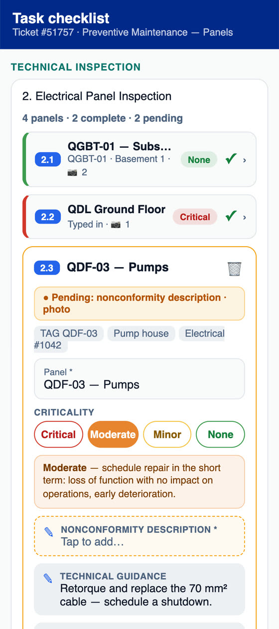 Preventive maintenance checklist for electrical panels in the H2O app, with criticality per panel