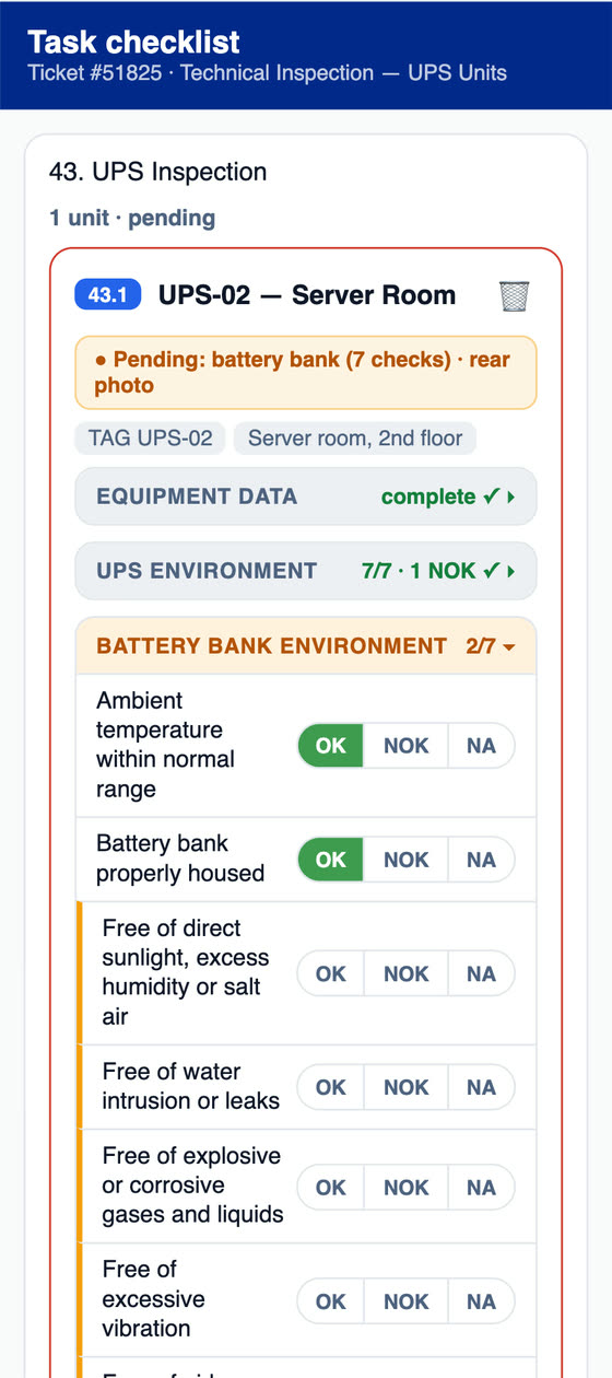UPS inspection checklist in the H2O app