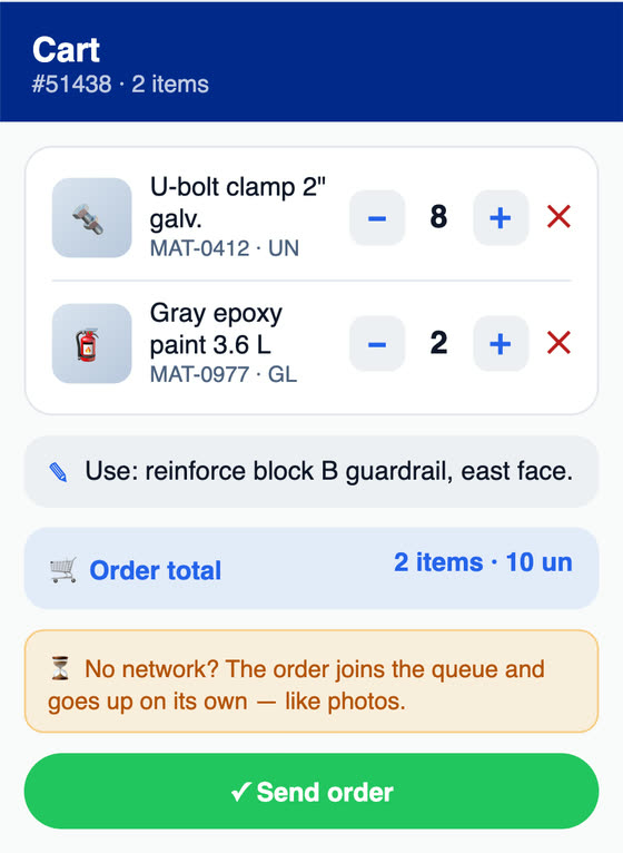 H2O app: the material request linked to the work order, which goes into the queue and uploads when there is network.