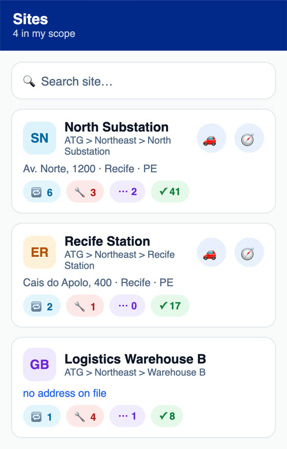 H2O app: the sites within the user's scope, organized by client and region, with the preventives, correctives and closed items of each one.