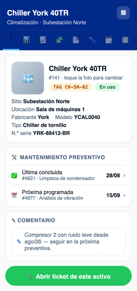 App H2O: la ficha del equipo con la última preventiva concluida, la próxima agendada y el botón para abrirle un ticket.