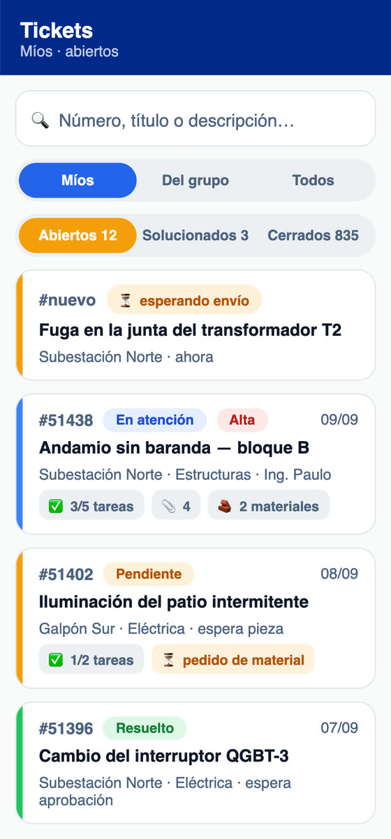Lista de tickets abiertos en la app H2O, con estado, prioridad, tareas y pedidos de material de cada uno