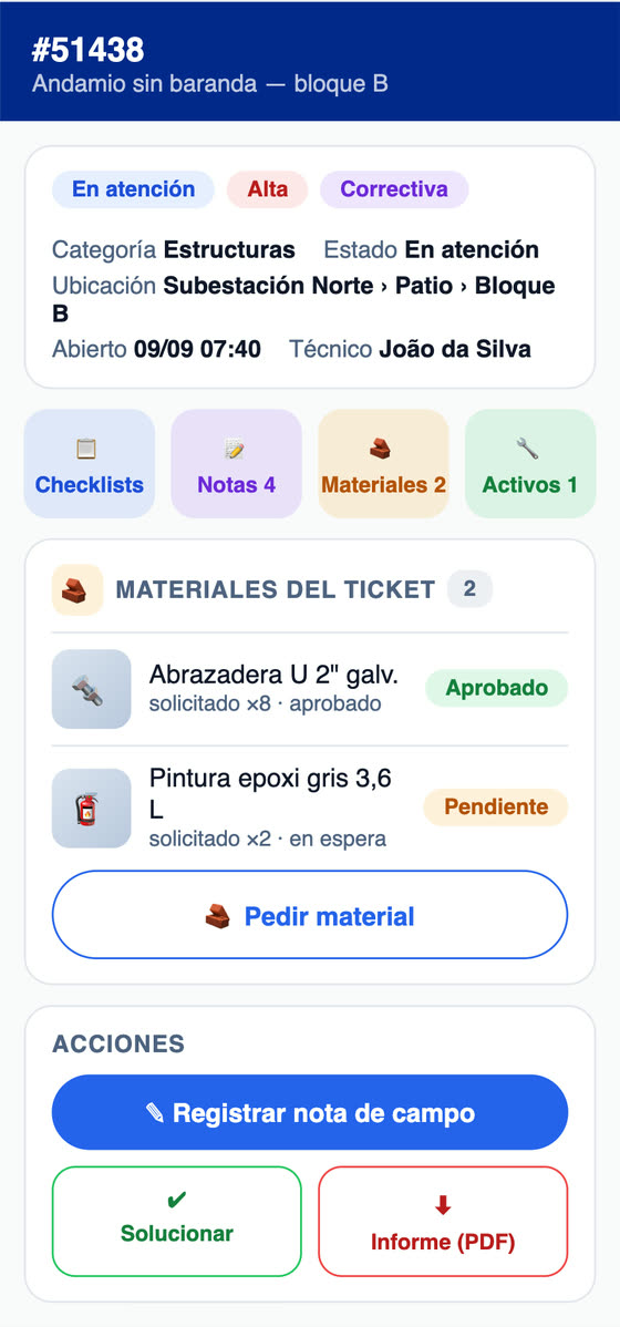 App H2O: el panel de la OT con estado, prioridad, modalidad, ubicación, técnico, los materiales pedidos y el botón del RAT en PDF.