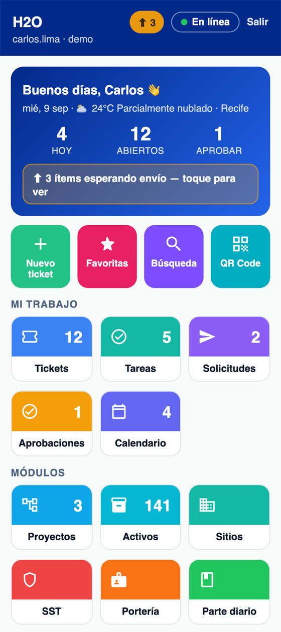 App H2O: el día del técnico con las tareas de hoy, los tickets abiertos, las aprobaciones pendientes y los ítems en espera de envío cuando falta red.