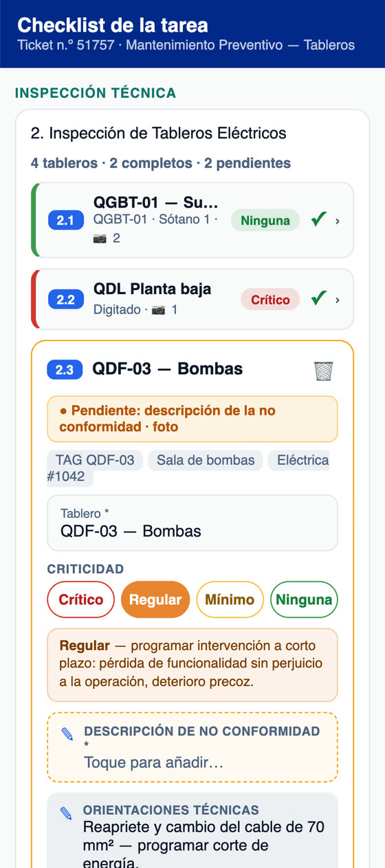 Checklist de mantenimiento preventivo de tableros eléctricos en la app H2O, con criticidad por tablero