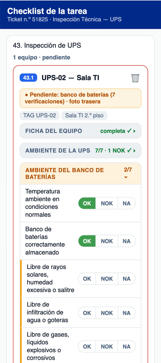 Checklist de inspección de UPS en la app H2O