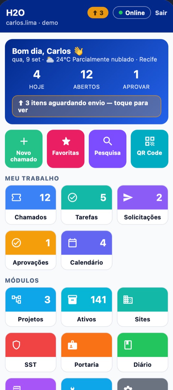 Tela inicial do app H2O com as tarefas do dia e 3 itens aguardando envio