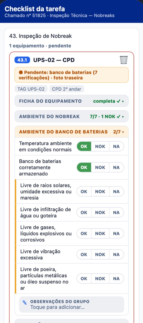 Checklist de inspeção de nobreak no app H2O