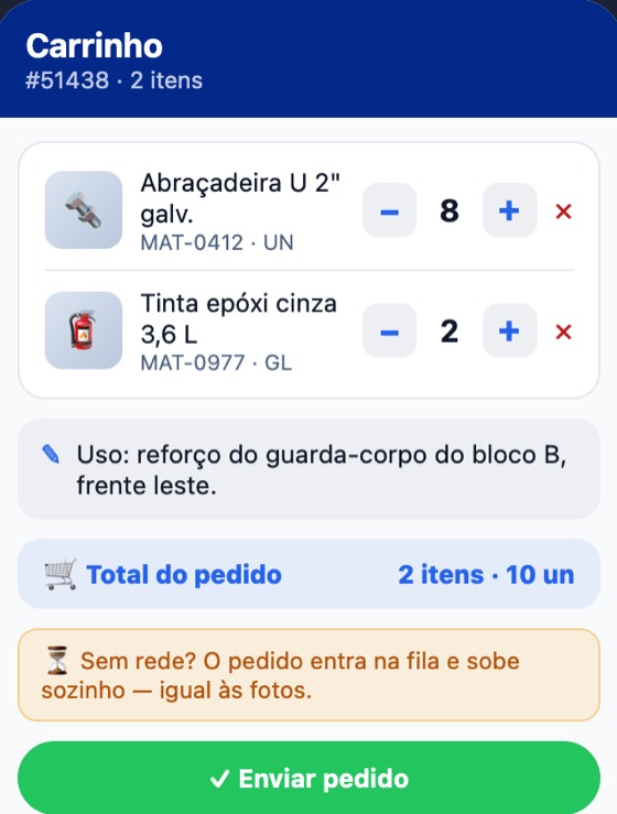 App H2O: o pedido de material ligado à OS, que entra na fila e sobe quando houver rede.