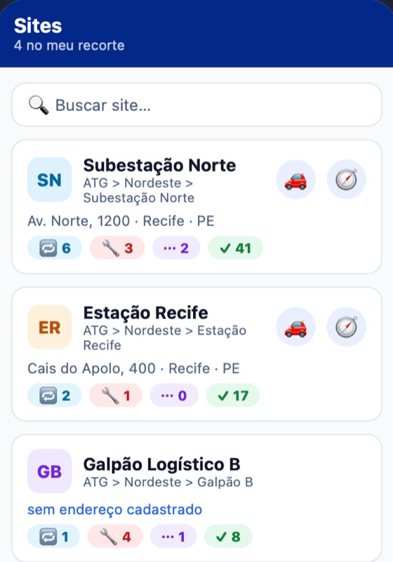 App H2O: os sites do recorte do técnico, com o endereço, as preventivas, corretivas, outras e encerradas de cada um e os atalhos de navegação.