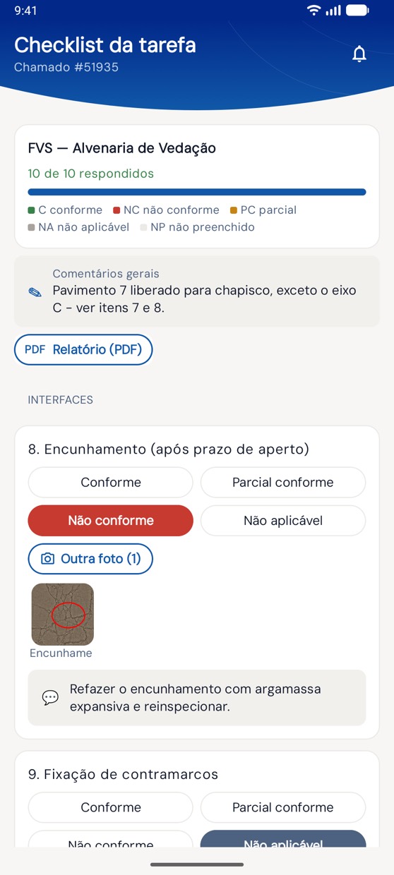 Checklist de FVS no app H2O com item não conforme e foto