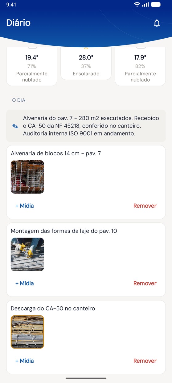 RDO da contratada com fotos, efetivo e clima