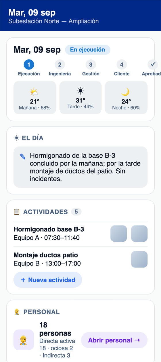 Reporte diario de obra en la app H2O con la etapa de aprobación, el clima de mañana, tarde y noche y las actividades del día con fotos