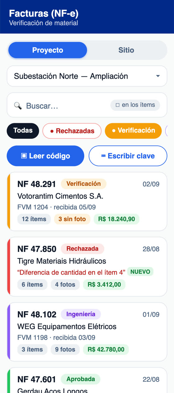 Material revisado con la NF-e