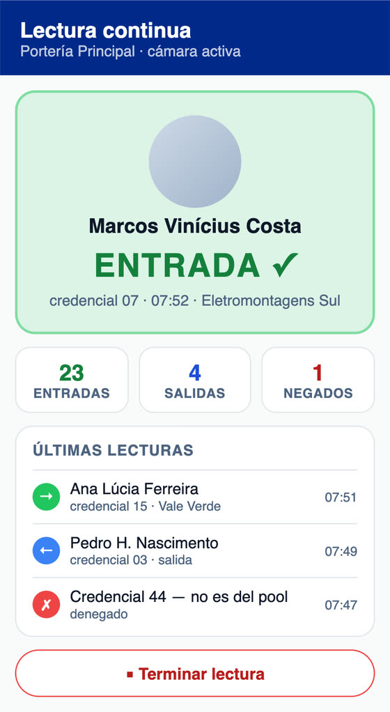 App H2O: las visitas del día en la portería de la obra, con la empresa, la credencial y la placa de cada visitante, la lectura continua de credenciales y la entrada sin cita.