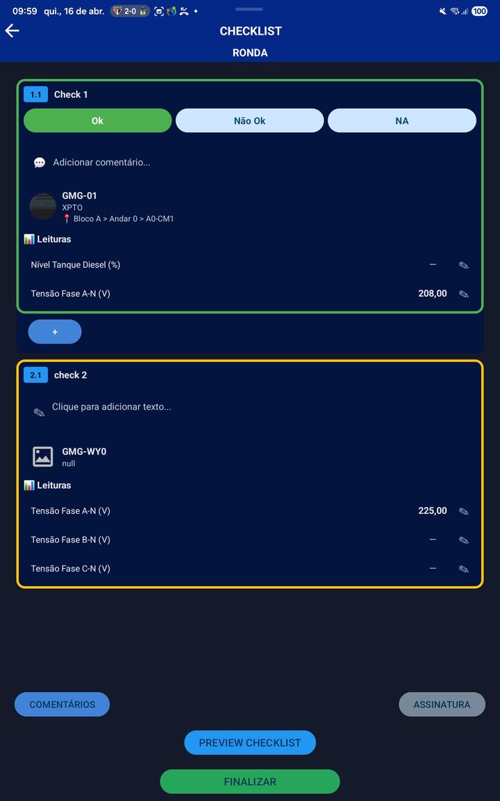 Tela de checklist do H2O Field Service com itens de verificação preenchidos — versão mobile