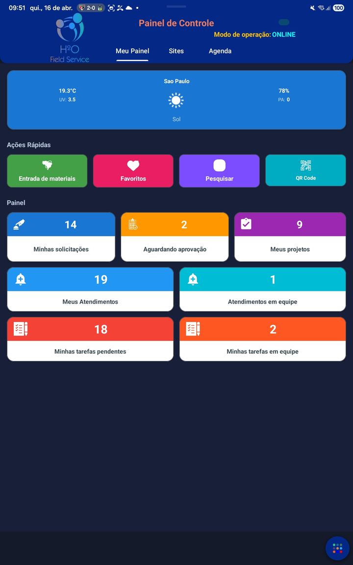 Dashboard do app mobile H2O Field Service funcionando offline — versão mobile