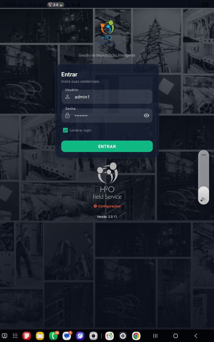 Tela de login e controle de acesso do H2O Field Service — versão mobile