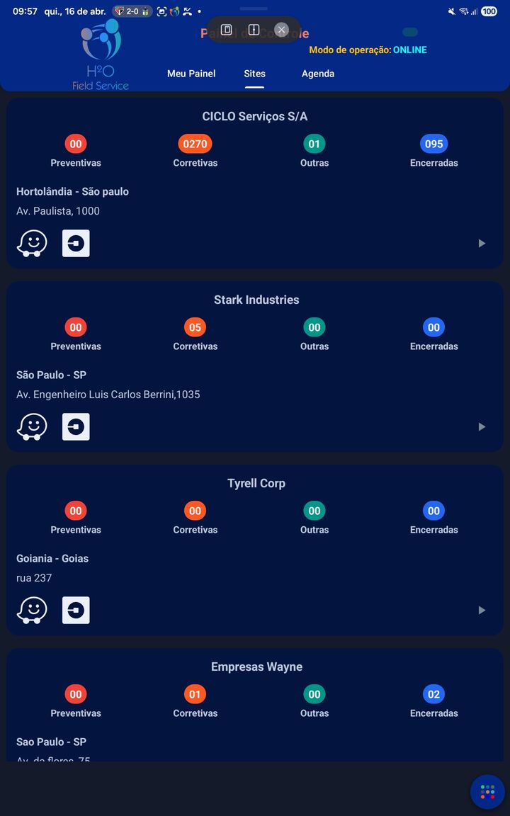 Mapa geográfico de sites operacionais no H2O Field Service — versão mobile